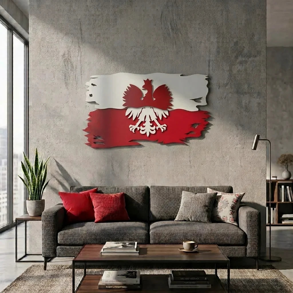 Patriotyczna metalowa dekoracja 3D przedstawiająca Godło Polski na poziomej fladze. - Ujęcie główne w nowoczesnym salonie.