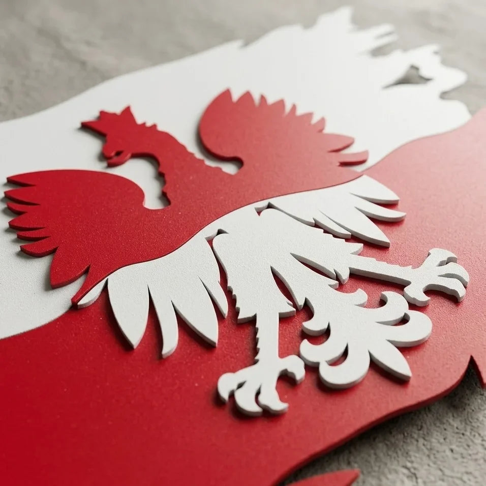 Patriotyczna metalowa dekoracja 3D przedstawiająca Godło Polski na poziomej fladze. - Zbliżenie na detale i ukryte mocowania.