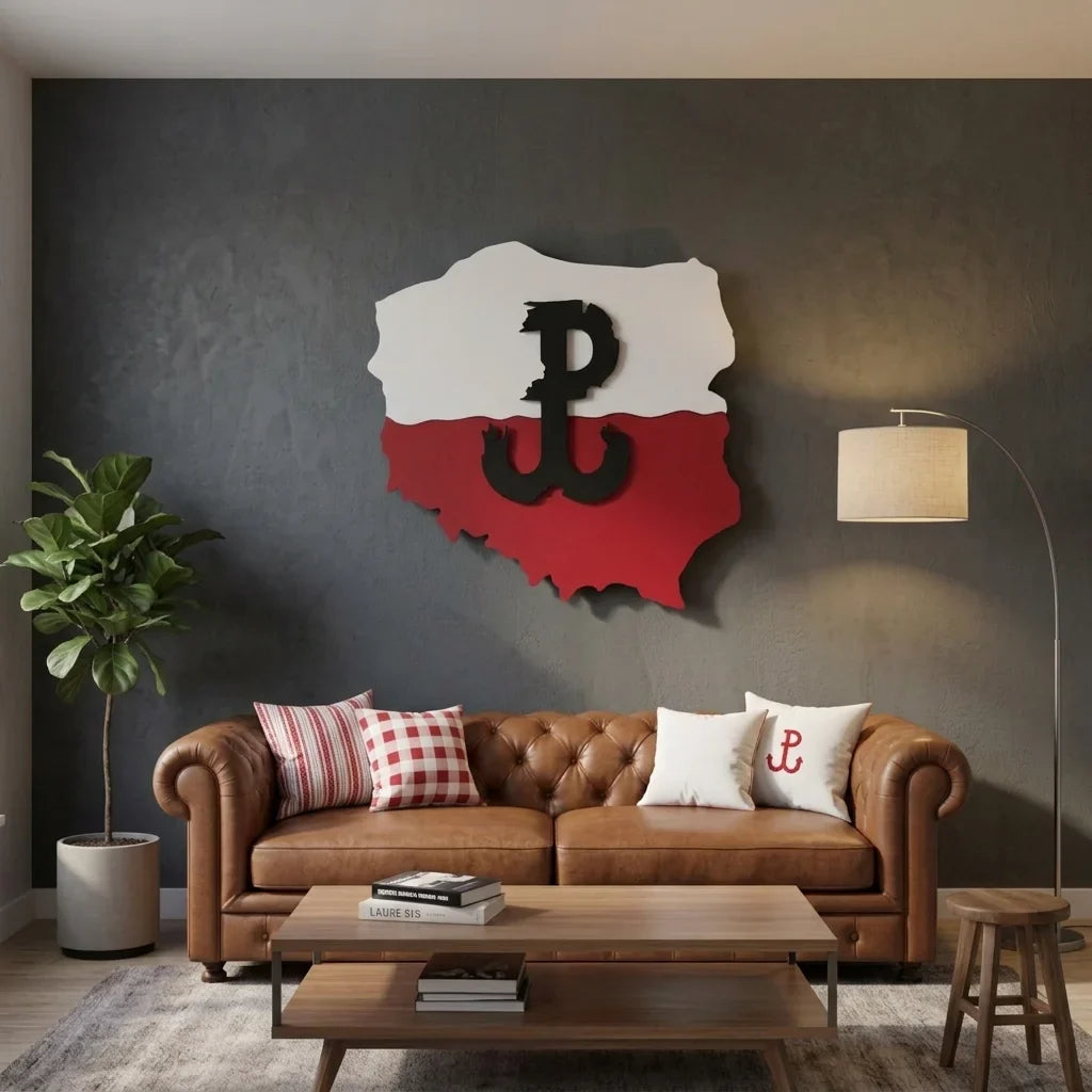 Metalowa mapa Polski z czarną kotwicą PW. Patriotyczna ozdoba ścienna 3D. - Ujęcie główne w nowoczesnym salonie.