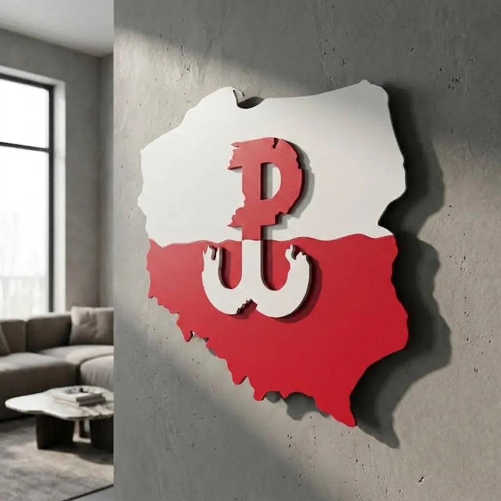 Metalowa mapa Polski ze znakiem Polska Walcząca 3D. Wykonana z solidnej stali 2mm. - Widok z perspektywy podkreślający efekt przestrzenny 3D.