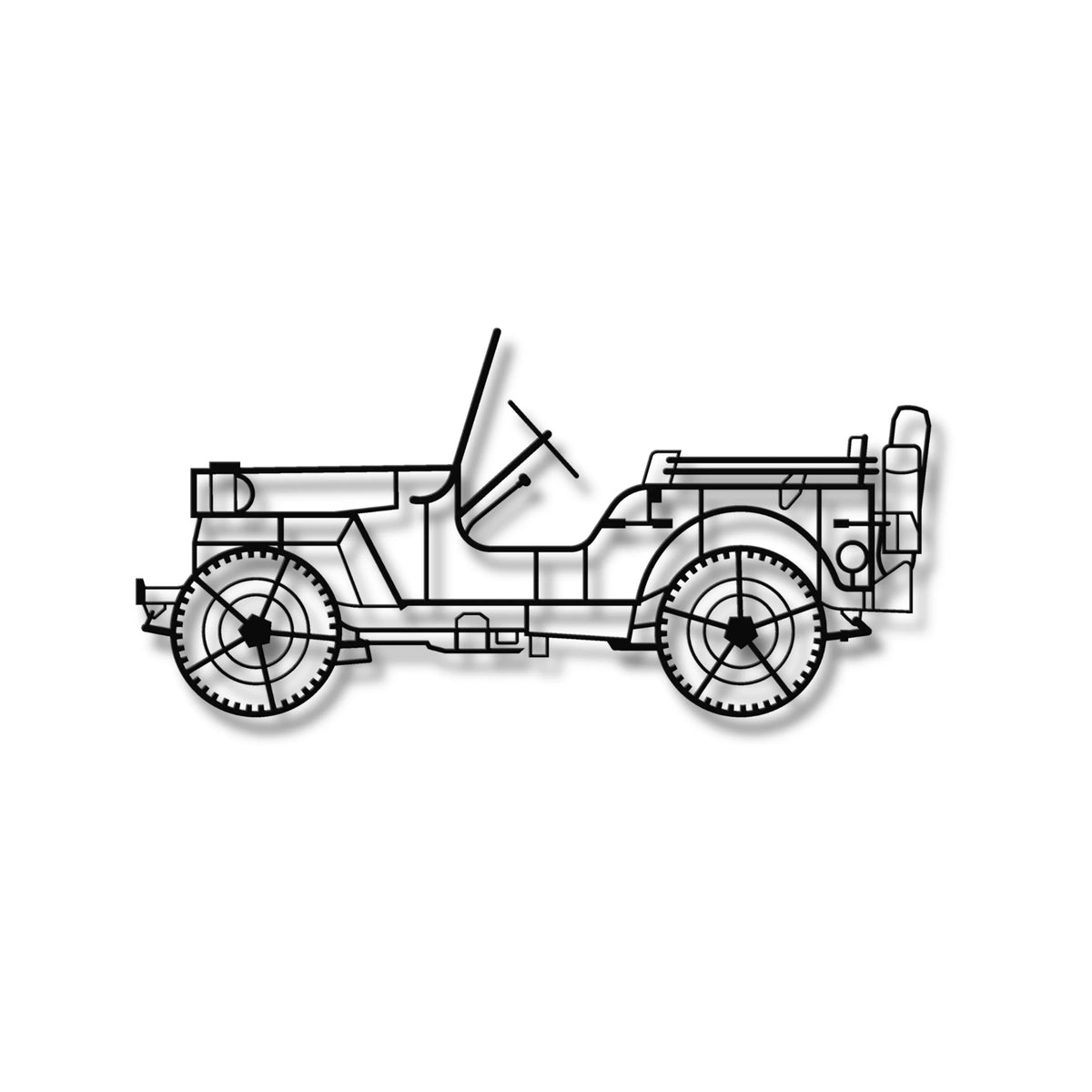 Czarna metalowa dekoracja 3D Willys MB Jeep – ozdoba na ścianę w stylu loftowym.
