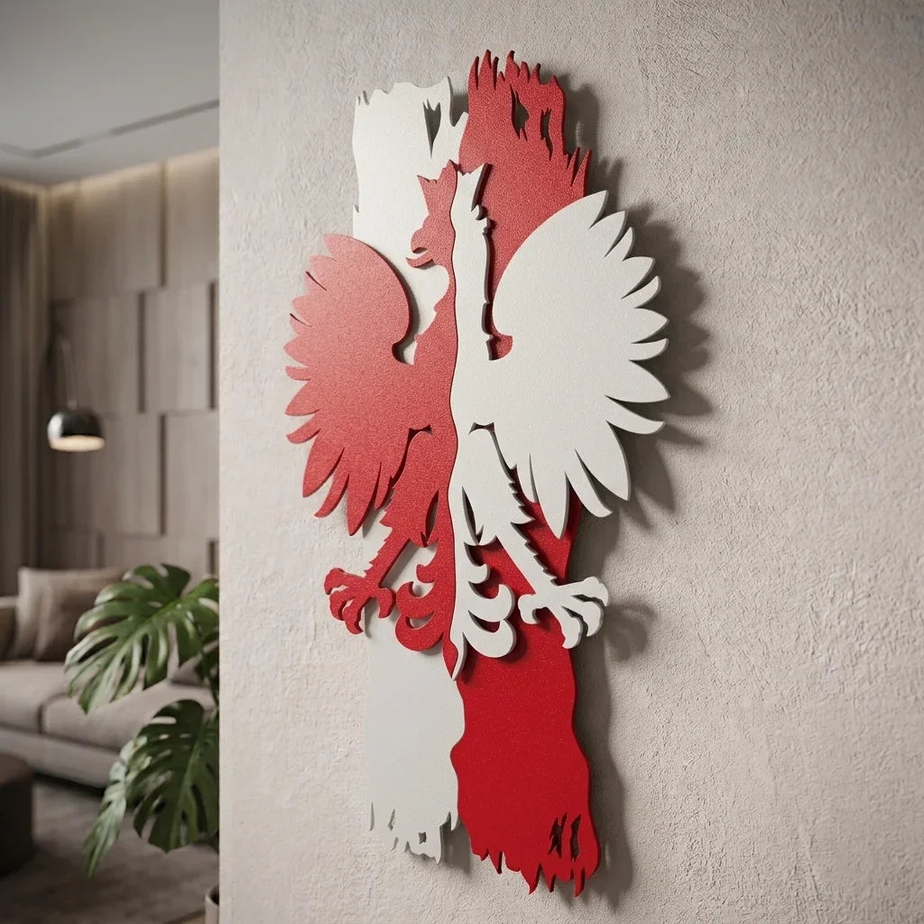 Patriotyczna metalowa dekoracja 3D przedstawiająca Orła na pionowej fladze. - Widok z perspektywy podkreślający efekt przestrzenny 3D.