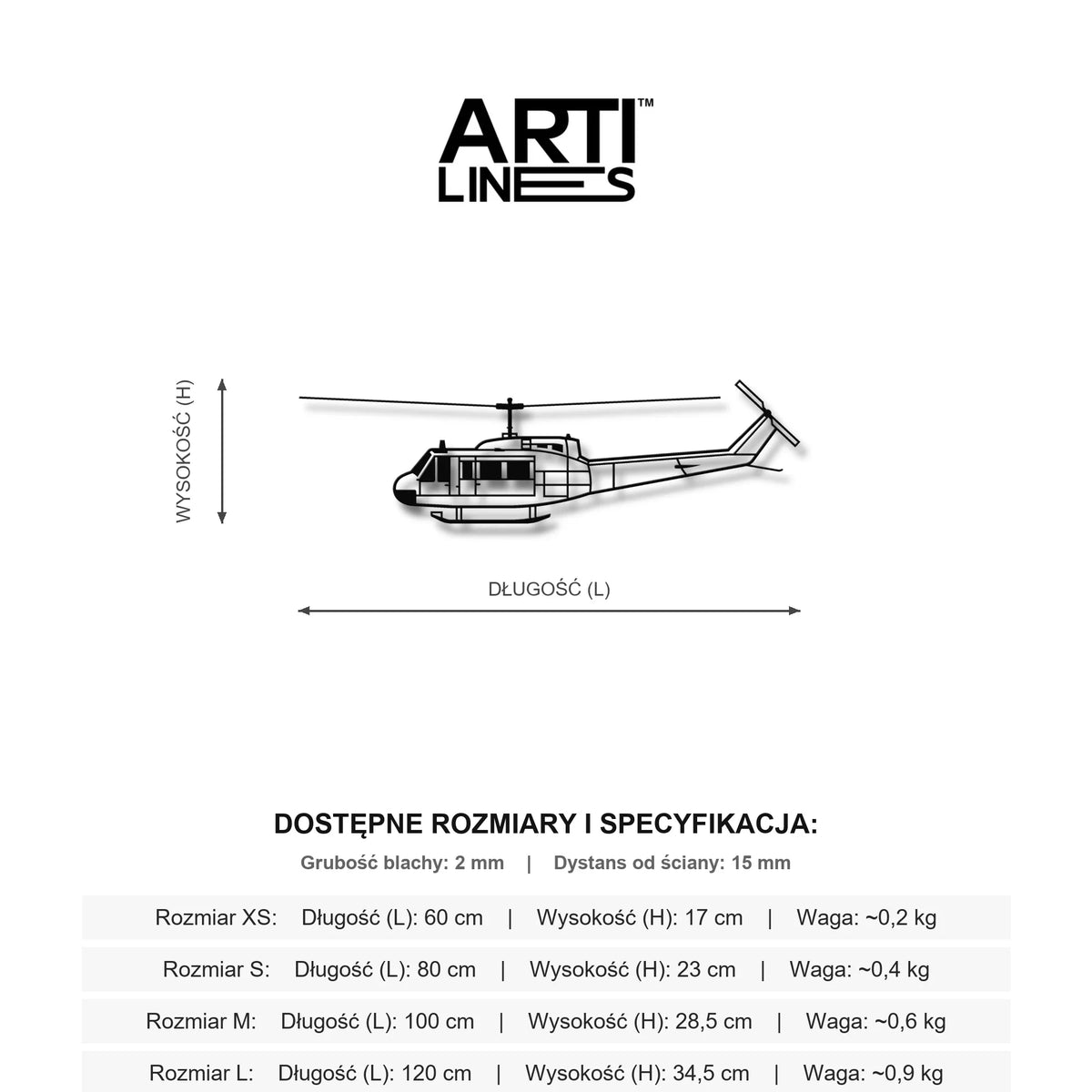 Wymiary: Bell UH-1 Iroquois „Huey” – Legendarny śmigłowiec wojny w Wietnamie, metalowa sylwetka ścienna