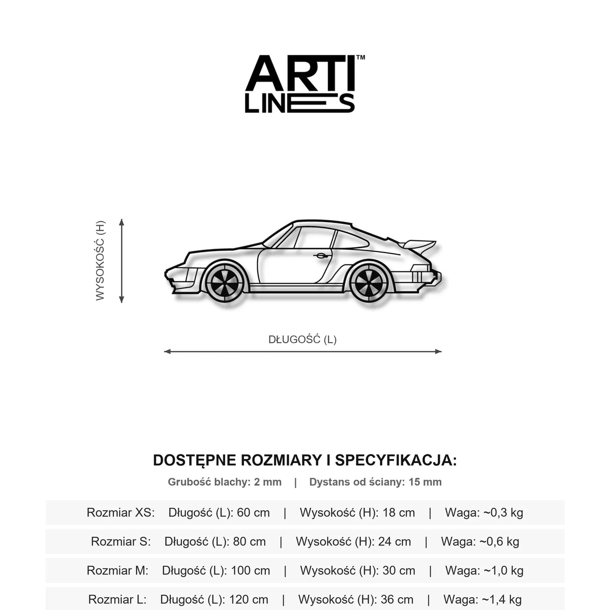Wymiary: Porsche 911 Turbo – Całkowita klasyka sportowego designu, precyzyjna stalowa sylwetka na ścianę