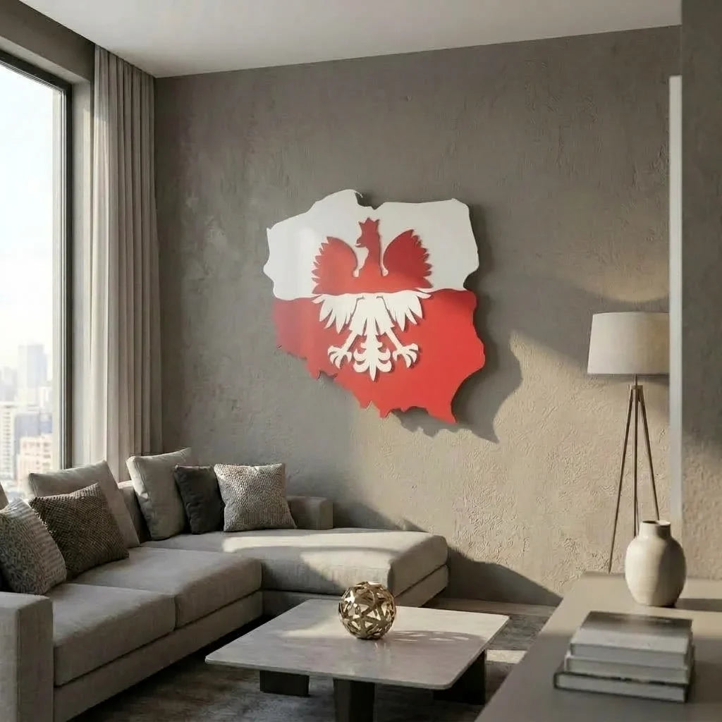 Patriotyczna dekoracja 3D: Orzeł w Koronie na tle mapy Polski ze stali. - Ujęcie główne w nowoczesnym salonie.