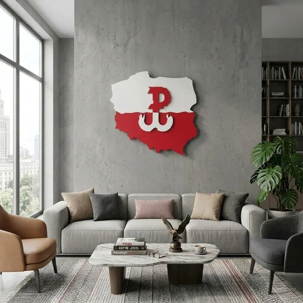 Metalowa mapa Polski ze znakiem Polska Walcząca 3D. Wykonana z solidnej stali 2mm. - Ujęcie główne w nowoczesnym salonie.