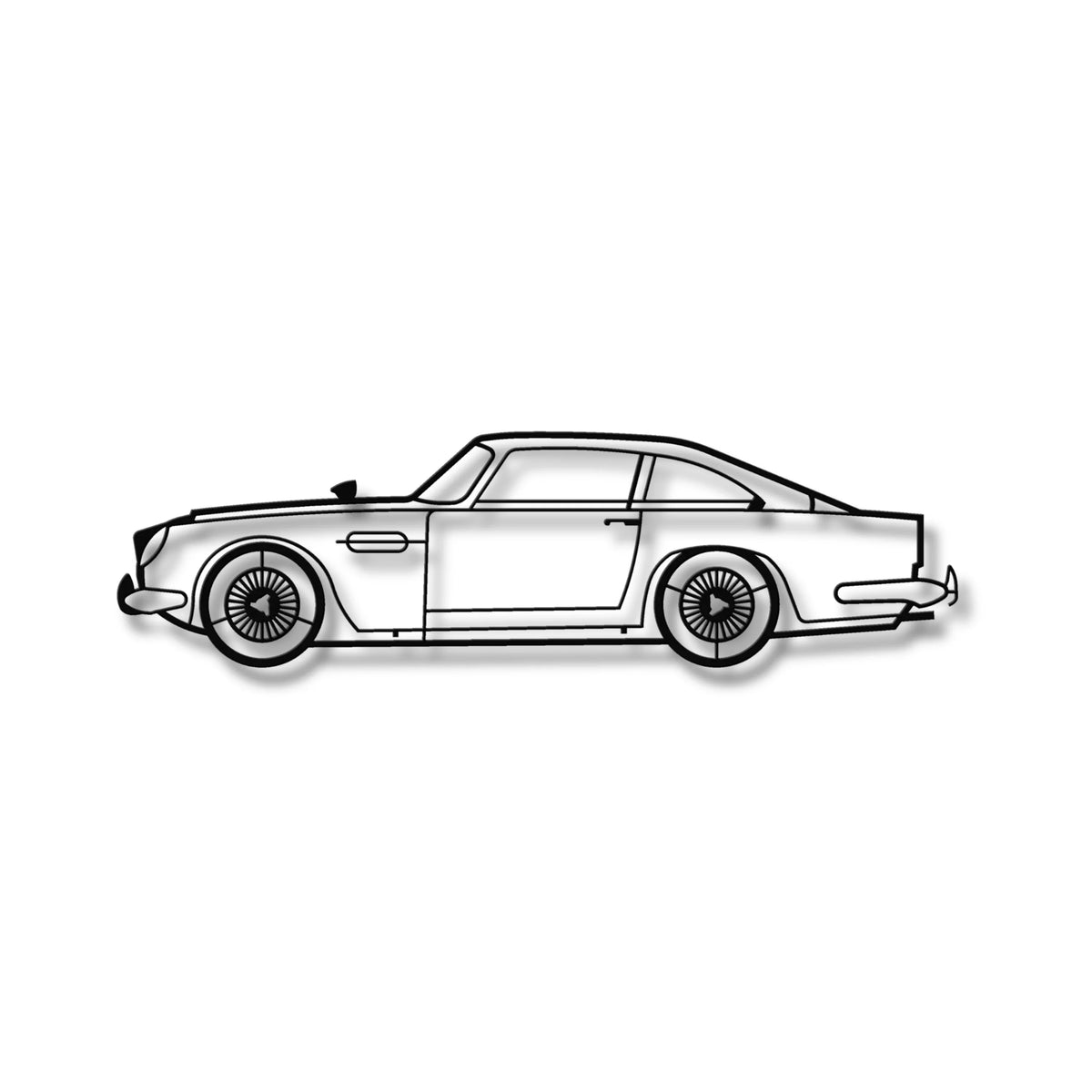 Czarna metalowa sylwetka Aston Martin DB5, elegancka ozdoba na ścianę.