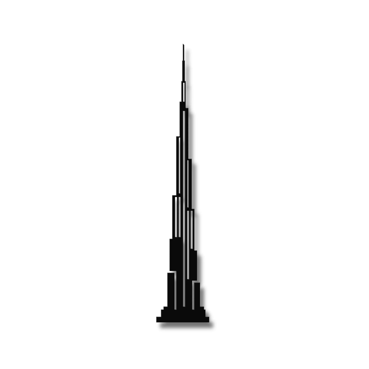 Czarna metalowa sylwetka Burj Khalifa jako ozdoba na ścianę w loftowym stylu.