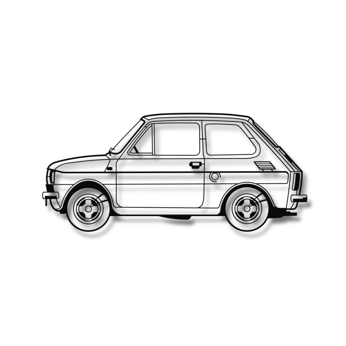Metalowa sylwetka Fiat 126p „Maluch” - elegancka ozdoba na ścianę w stylu loft.