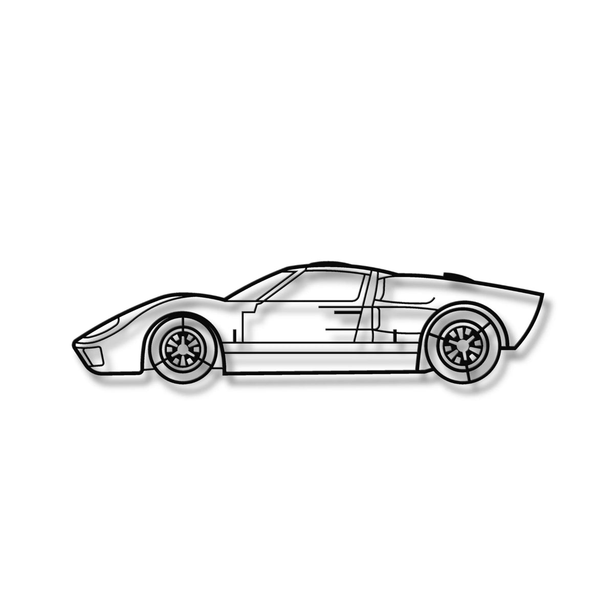 Czarna metalowa sylwetka Ford GT40 Mk II, ozdoba na ścianę w loftowym stylu.