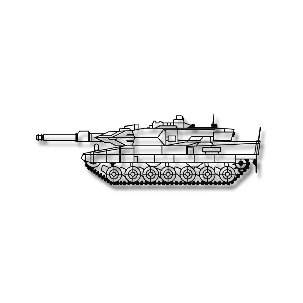 Czarna metalowa sylwetka czołgu Leopard 2A4 jako ozdoba na ścianę.