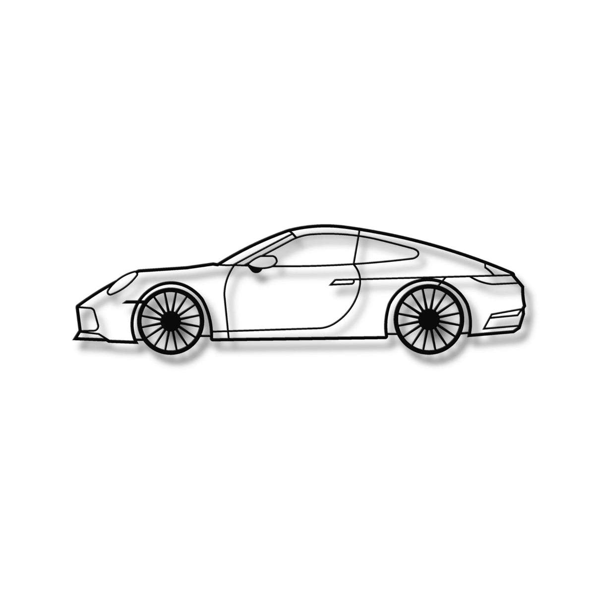 Czarna metalowa sylwetka Porsche 911 Carrera jako ozdoba na ścianę.