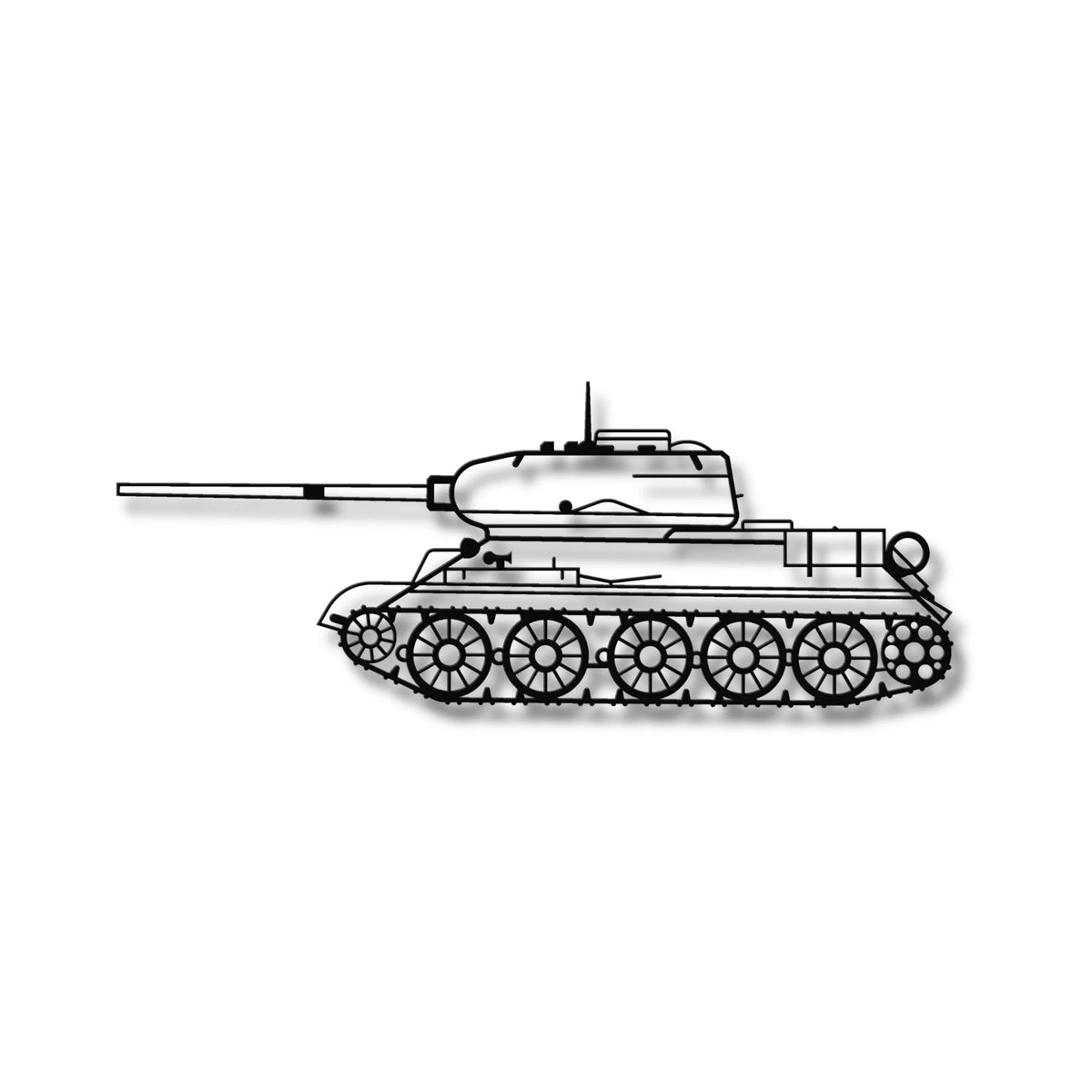 Czarna metalowa sylwetka czołgu T-34-85 'Rudy' jako ozdoba na ścianę.