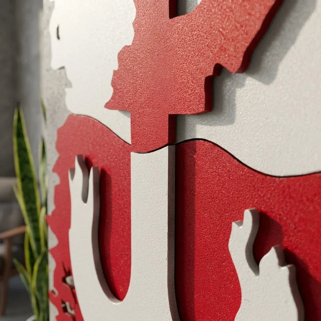 Biało-czerwony znak Polska Walcząca na fladze ze stali 2mm, efekt 3D na ścianę. - Zbliżenie na detale i ukryte mocowania.