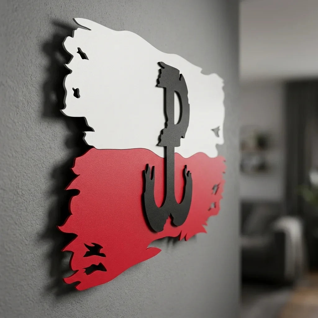 Znak Polska Walcząca ze stali 2mm na ścianę. Czarna kotwica na tle flagi, efekt 3D. - Widok z perspektywy podkreślający efekt przestrzenny 3D.