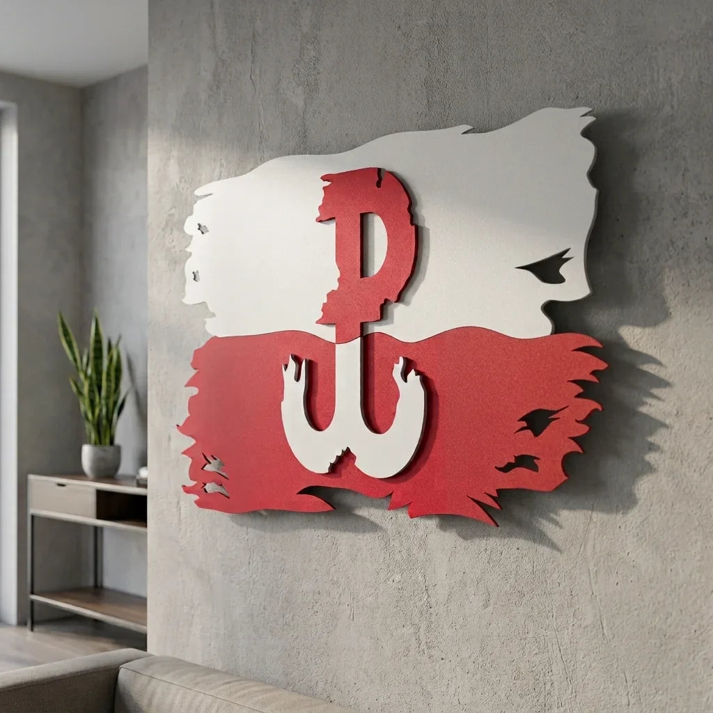Dwukolorowa Polska Walcząca na pionowej fladze. Stalowa ozdoba 3D. - Widok z perspektywy podkreślający efekt przestrzenny 3D.
