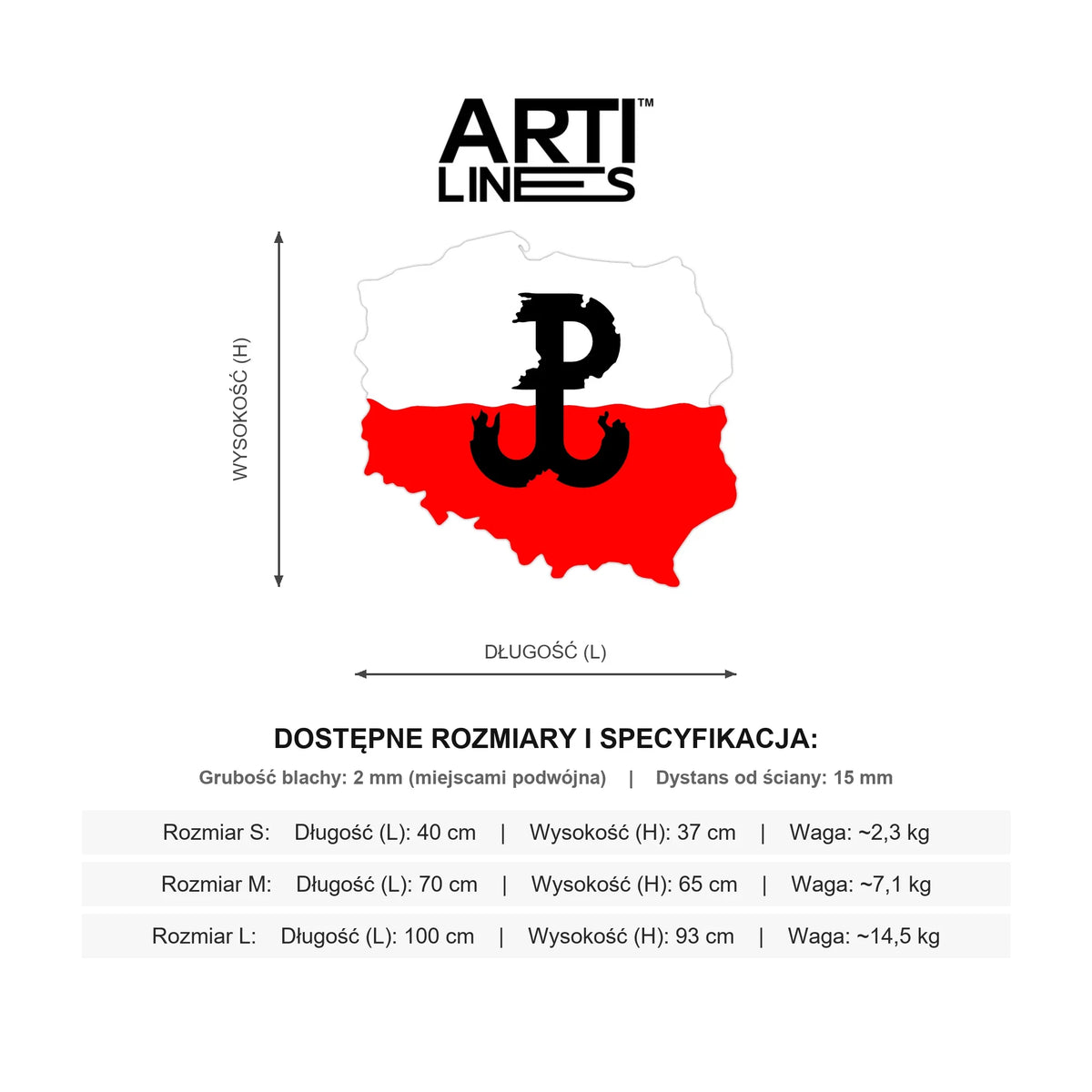 Wymiary modelu Mapa Polski z Czarną Kotwicą PW - Metalowa Ozdoba Patriotyczna