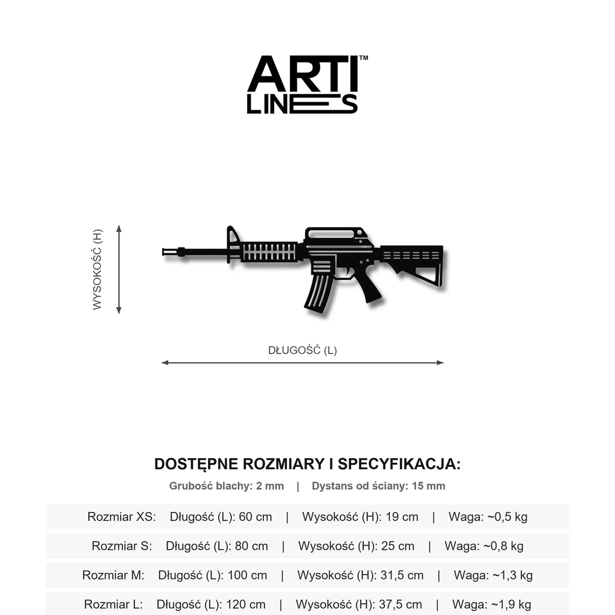 Wymiary: Karabinek M4 Carbine – Ikona współczesnego wyposażenia taktycznego, stalowy model na ścianę