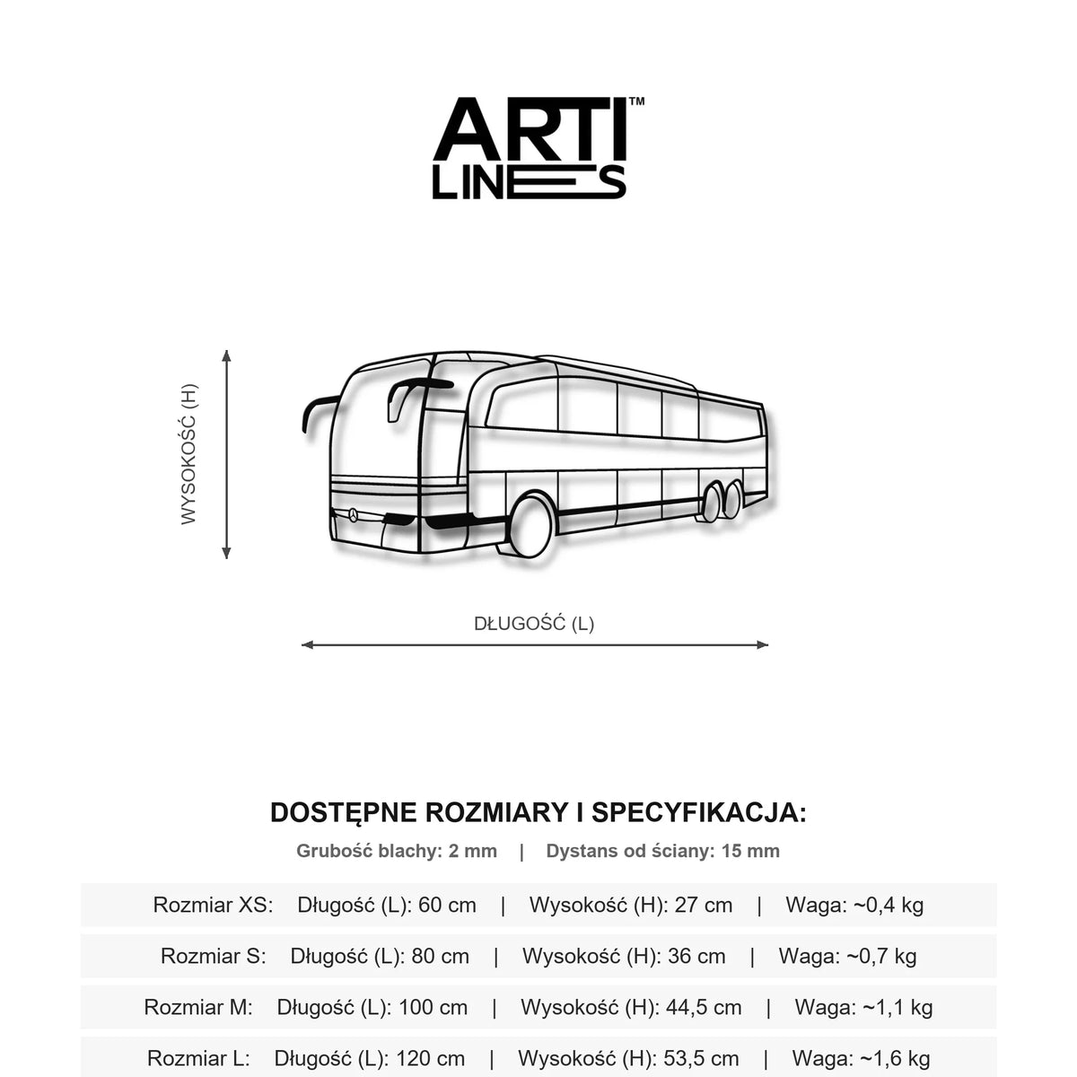 Wymiary: Mercedes-Benz O580 Travego – Luksusowy autokar turystyczny, metalowa dekoracja ścienna