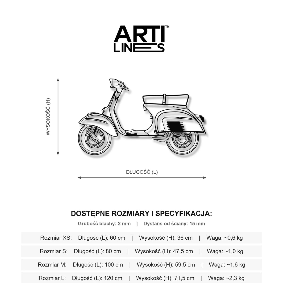 Wymiary: Vespa 125 Sprint – Ikona włoskiego stylu i klasycznego designu, metalowa dekoracja ścienna