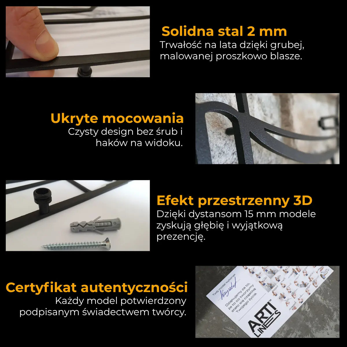 Zalety metalowych dekoracji ściennych ArtiLines: solidna stal 2mm, ukryte mocowania dające efekt przestrzenny 3D oraz certyfikat autentyczności.