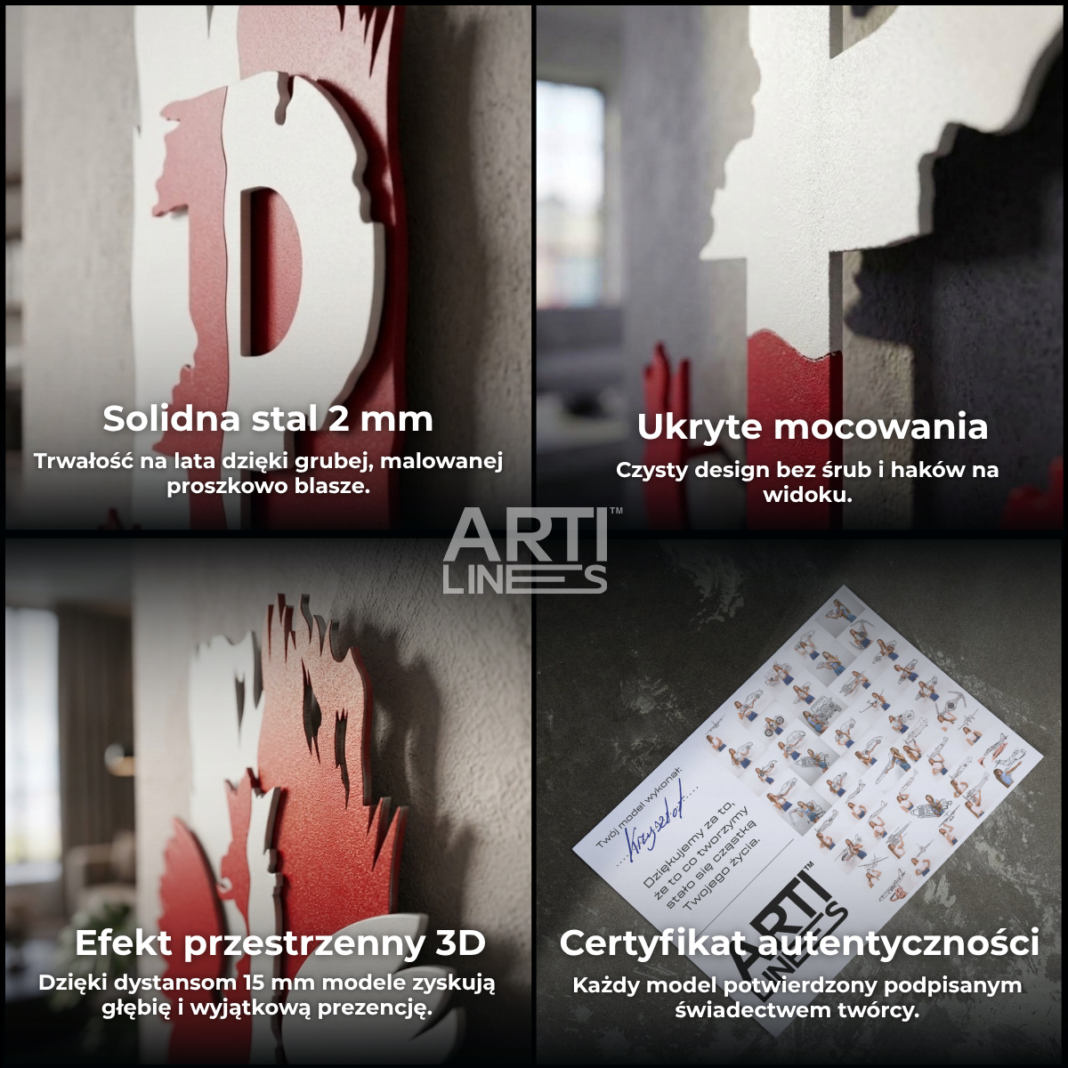 Cechy metalowych dekoracji ściennych ArtiLines: solidna stal 2 mm malowana proszkowo, ukryte mocowania bez widocznych śrub, dystanse 15 mm dla efektu przestrzennego 3D oraz papierowy certyfikat autentyczności z podpisem twórcy.